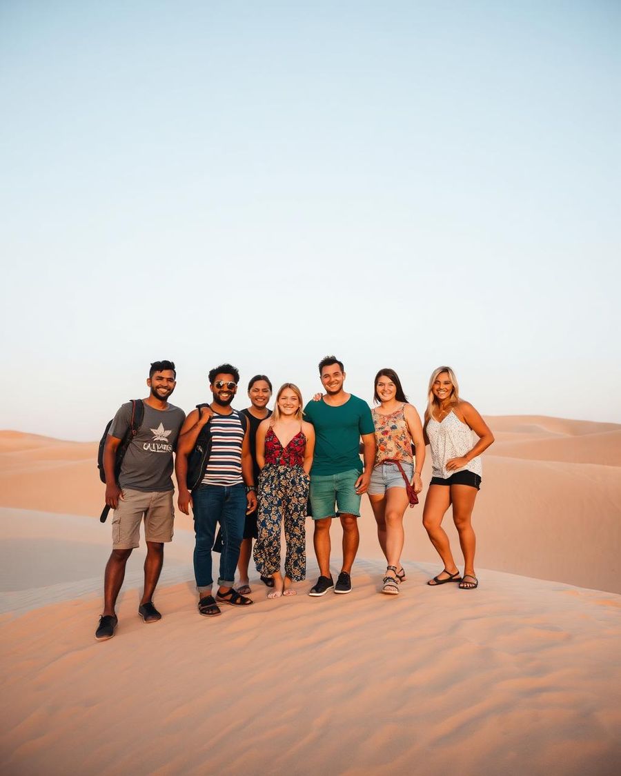 Grupo de viajantes brasileiros reunido sobre as dunas ao fim do dia