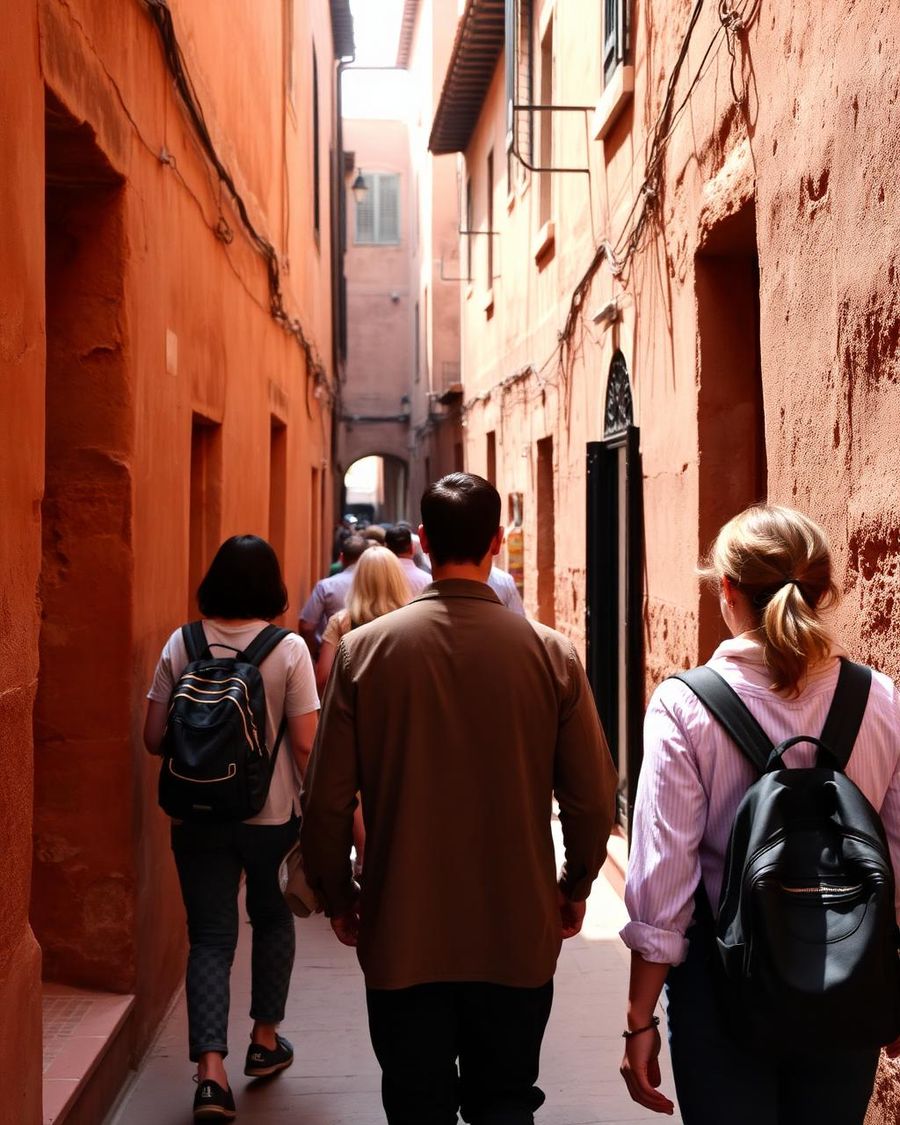 Grupo caminhando com guia por rua estreita da medina