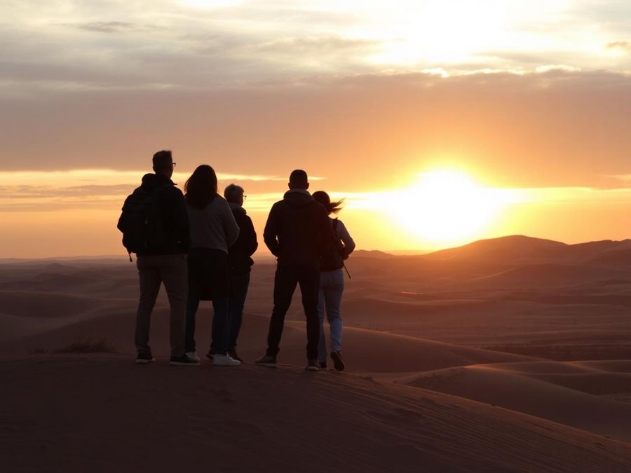 Grupo observando o nascer do sol no deserto
