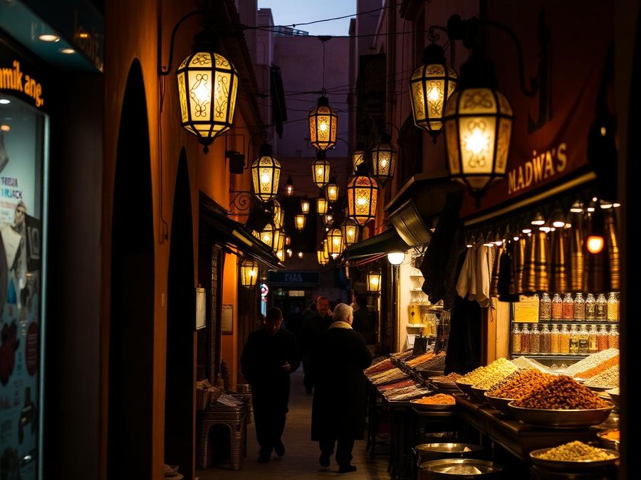 Beco iluminado por lanternas no souk de Marrakech ao anoitecer
