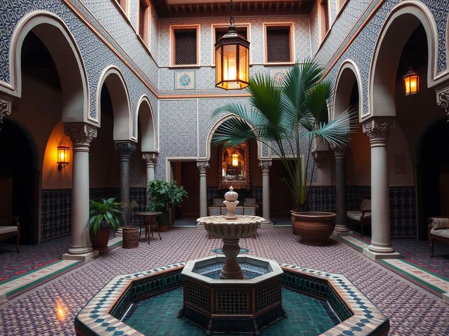 Pátio de riad marroquino com azulejos e fonte central