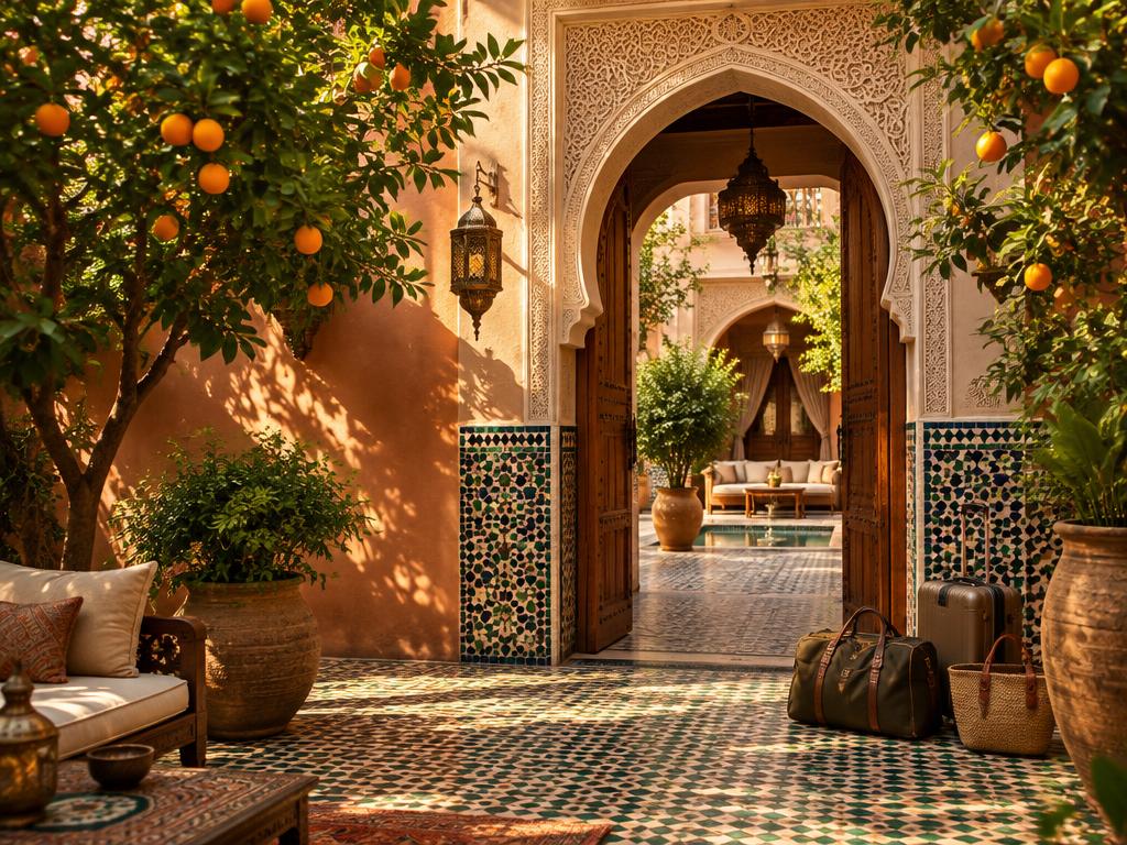 Entrada de um riad tradicional entre laranjeiras em Marrakesh