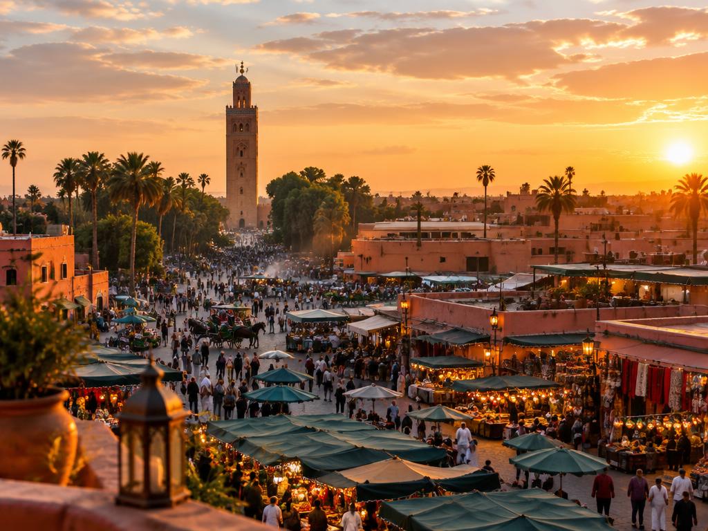 Praça Jemaa El Fna e Mesquita Koutoubia ao pôr do sol