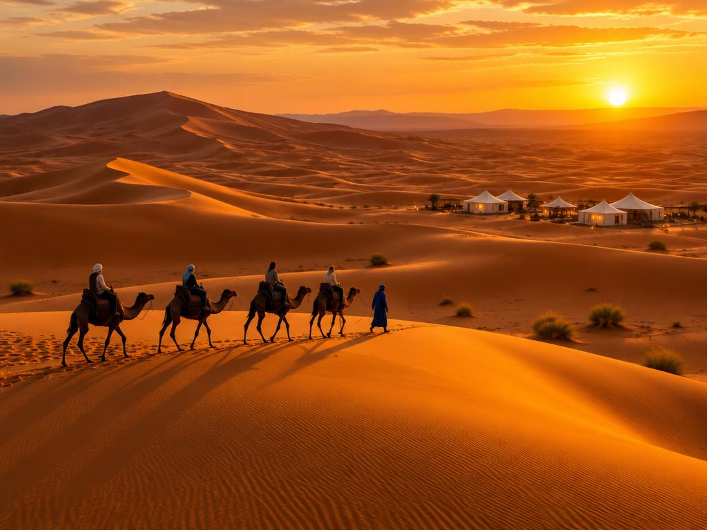Caravana de dromedários a caminho do glamping no Saara