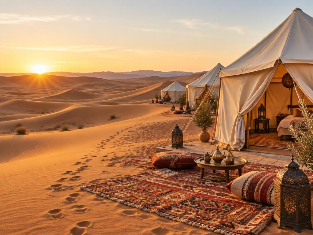 Amanhecer nas tendas de glamping entre as dunas do Saara